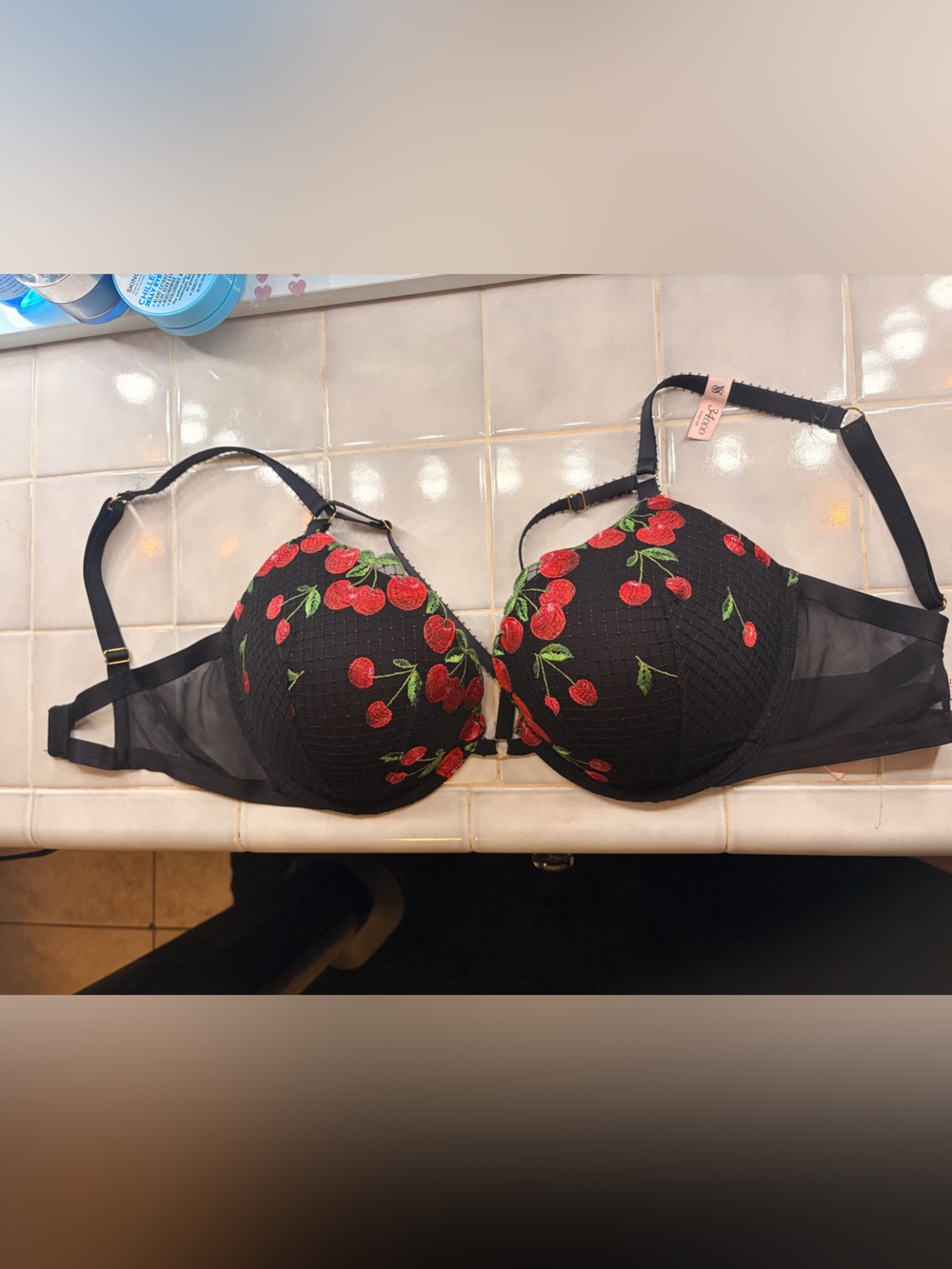 Victoria's Secret Black Push-Up Bra with Red Cherry Embroidery